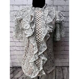 Jane Choi Womens White and Black Eyelet Lace Short Sleeve Blouse Small-Beautiful